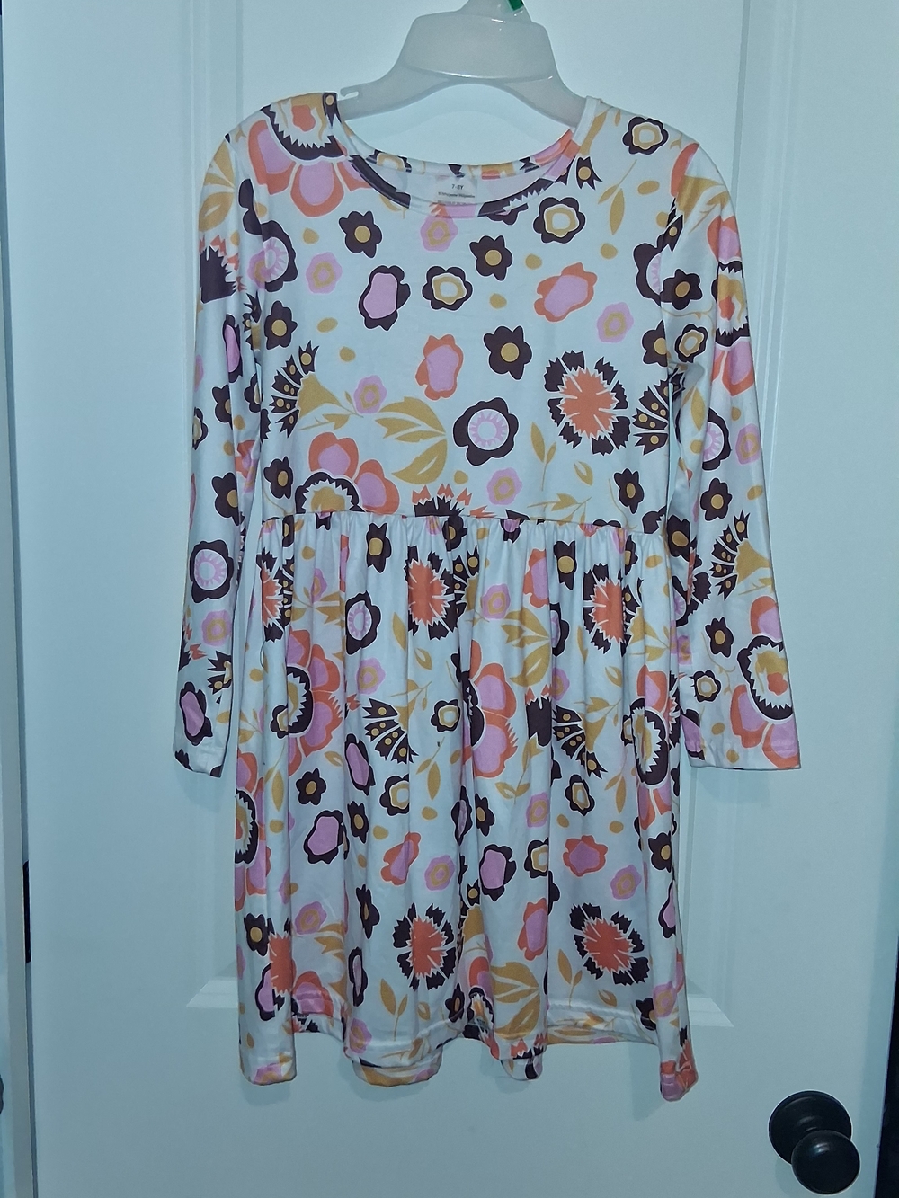 Girls Floral Long-Sleeve Casual Dress - Cream with Pink & Brown Flowers